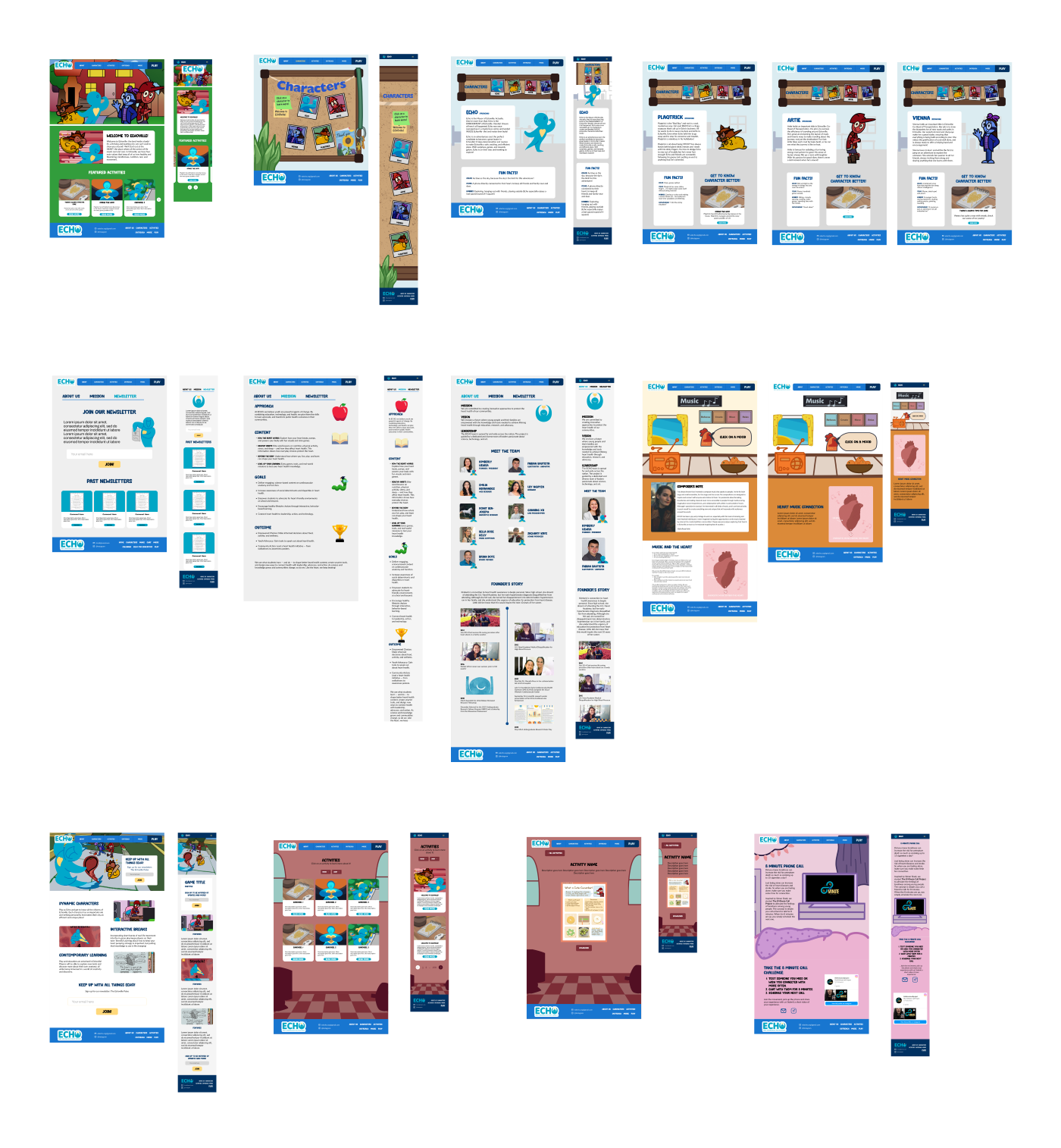 Hi-fi Wireframes of the EdEcho website desktop and mobile versions